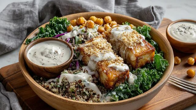 Healthy chicken grain bowl with quinoa, kale, and yogurt dressing. World Vegetarian Day 