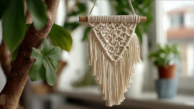 Elegant macram&eacute; wall hanging swaying gently in soft natural light