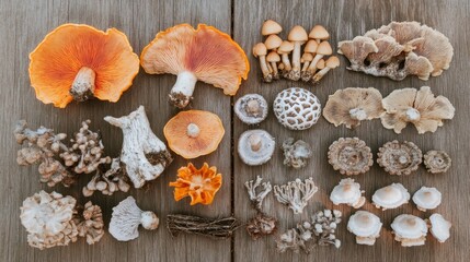 A colorful arrangement of safely gathered wild edibles and mushrooms is spread out on a natural surface, symbolizing the concept of urban foraging's bounty