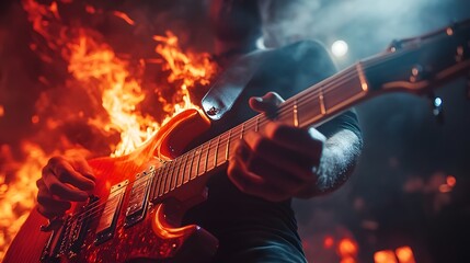 A guitarist passionately plays an electric guitar with flames erupting around him in a concert setting, creating a dramatic and fiery musical performance.