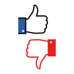 Blue like and red dislike hand icons isolated on white background