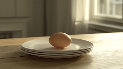A high-fashion editorial photograph highlights a minimalist kitchen counter, where a stack of pristine white plates supports a single, perfectly cooked farm-to-table egg as the main focal point,
