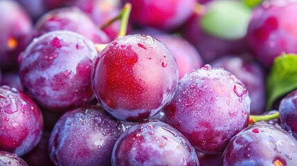 A close-up of a ripe plum with water droplets on its surface, set against a blurred background.