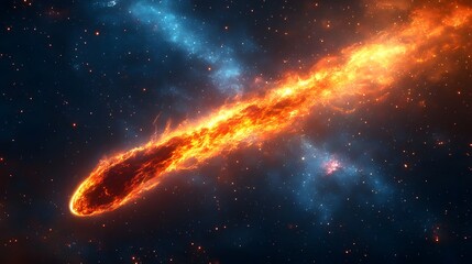 A fiery comet hurtles through the vast expanse of deep space, trailing a luminous tail of burning gas and debris against a backdrop of swirling nebulae and stars.