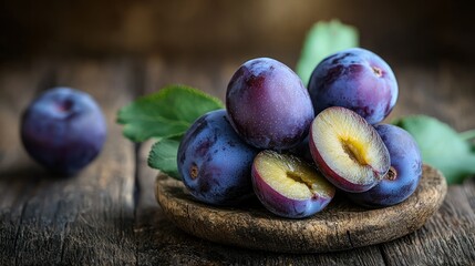 A pile of fresh plums on a rustic wooden table.