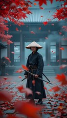 Lone Samurai in Autumn Temple Courtyard with Swirling Red Leaves