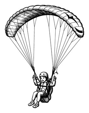 Smiling Little Girl Paragliding Skydiving Adventure Sport Black and White Outline Line Art Drawing