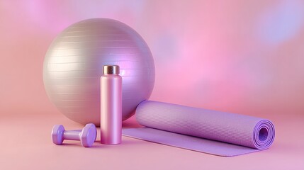 yoga mat with ball dumbbells and bottle in dreamy pink purple setup