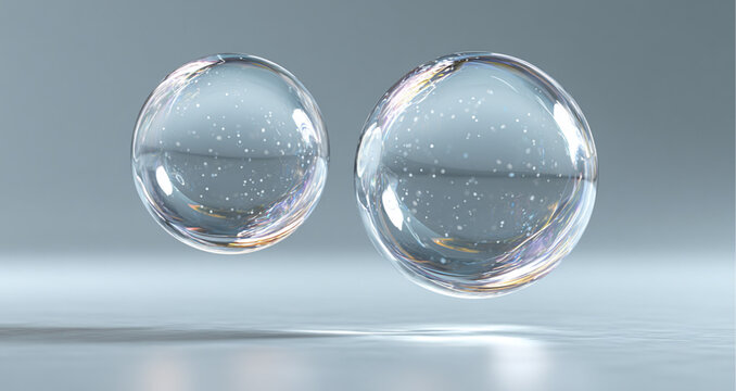 two large transparent glass spheres floating in the air, separated from each other with visible space between them, not touching. The background is soft gray with a subtle white gradient