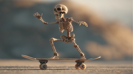 cartoon skeleton riding skateboard in dynamic pose with bold style