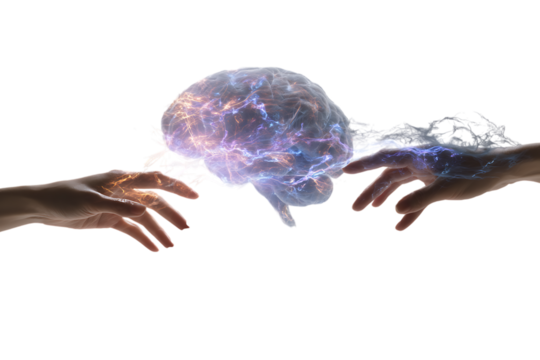 Two hands reaching for a glowing brain.