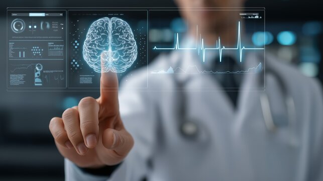 advanced digital medical illustration of doctor interacting with digital human brain - Powered by Adobe