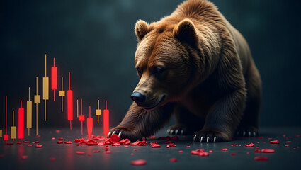 A heavy bear crushes fragile charts — symbolizing bearish dominance and the overwhelming pressure of a declining market.