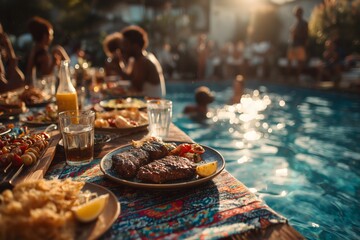 Happy diverse friends gathered near pool chatting and enjoying summer barbecue and drinks in bright sunlight.
