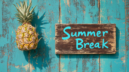 'Summer break' wooden sign and pineapple on rustic turquoise background. Colorful vacation theme