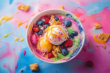 Colorful smoothie bowl overflowing with melted ice cream, dripping syrup, and broken cone pieces 