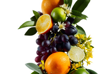 Vibrant oranges, limes, and grapes with blossoms.