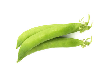 Fresh green pea pods isolated on white, top view