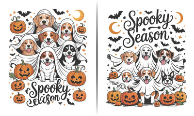 Adorable Dogs Dressed as Ghosts with 'Spooky Season' Message, Pumpkins, and Halloween Elements for Fun, Cute Halloween Apparel and Party Decor