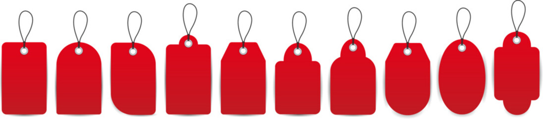 Set of isolated vector realistic red blank tags or retail labels with string. Sale price tags.