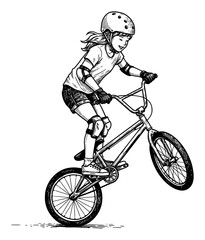 Naklejka premium Little Girl Doing Bicycle Trick on BMX Bike Wearing Helmet and Pads Black and White Outline Line Art Drawing
