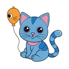 Cute sitting kitten holding a fish shaped balloon with a string