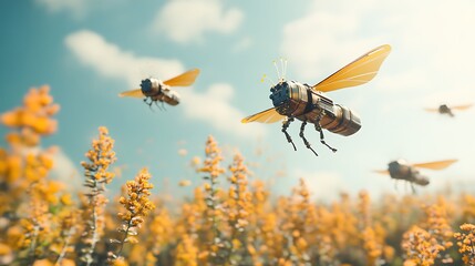 Robotic pollinators flying between rows of blooming plants 