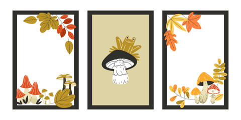 Set of Posters with Autumn Mushrooms and Leaves in Flat Style