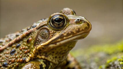 A detailed close-up of a common toad, showcasing its textured, warty green and brown skin with distinctive patterns and prominent eyes. The shallow depth of field keeps the toad in sharp focus