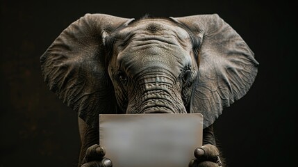 mockup with elephant holding a white sheet of paper with their trunks. a banner on a dark background with copy space. welcome to africa. elephant protection.