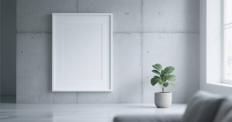 Minimalist interior with white frame, concrete wall, and potted plant near a bright window.