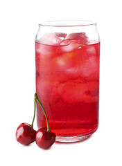 Tasty cherry soda water with ice cubes and berries isolated on white