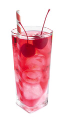 Tasty cherry soda water with ice cubes and berries isolated on white