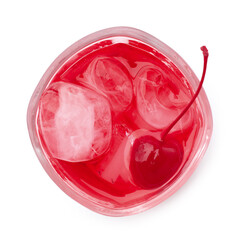 Tasty cherry soda water with ice cubes and berry isolated on white, top view