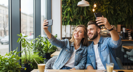 Happy Couple Taking a Selfie in a Trendy Café