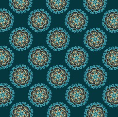 Ethnic Mandala Pattern with Blue and Brown Decorative Motifs on Dark Background. Illustration
