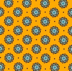 Ornamental Floral Tile Pattern with Blue and Brown Mandala Motifs on Mustard Yellow Background