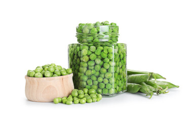 Fresh green peas in pickling jar and pods isolated on white