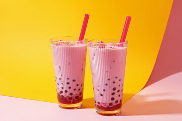 Tasty milk bubble tea in glasses on color background