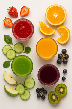 Flat lay di succhi artigianali con frutta fresca su sfondo neutro.