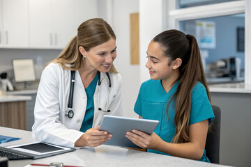 Physician mentoring teaching young girl student intern at clinic workplace explain medical problem