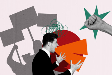 Composite sketch image design artwork collage of businessman angry scream leader hand fist up...