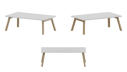 A set of three white tables with wooden legs