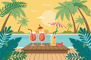 Vector poolside scene featuring colorful tropical cocktails on a pristine white table under palm trees.