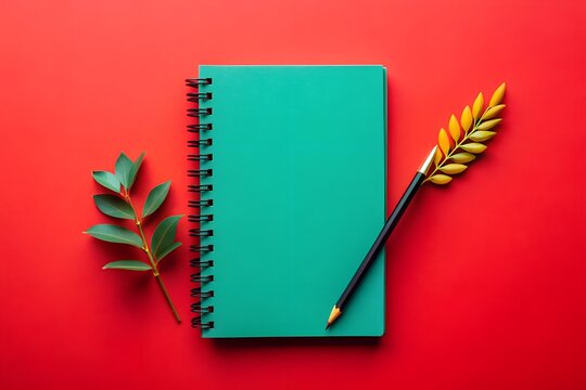 A green notebook with a pencil and leaves is arranged on a red background - Powered by Adobe
