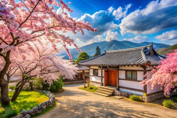 Fototapeta premium Pink cherry blossoms frame a traditional korean house under a blue sky with fluffy clouds