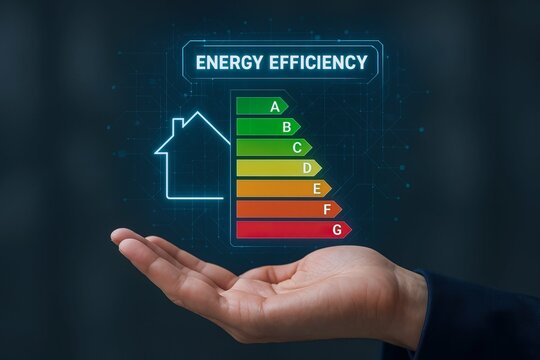 Small-scale renewables support local, sustainable energy solutions. A hand holding a digital energy efficiency rating chart shaped like a house, displaying grades from A (green) to G (red).