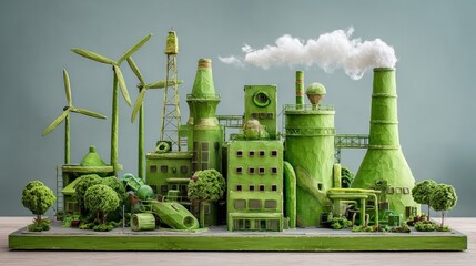 Small-scale renewables support local, sustainable energy solutions. A miniature green industrial complex with wind turbines and trees, blending eco-friendly elements with traditional factory design.