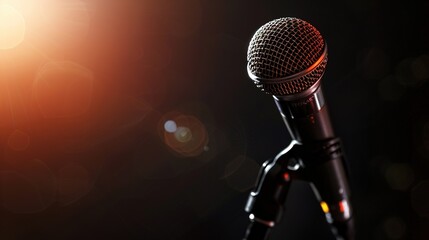 microphone in concert hall, karaoke or jazz club Close up . banner with vintage microphone with copy space. Old mic on dark background with lighting bokeh. Public performance. Microphone on stage