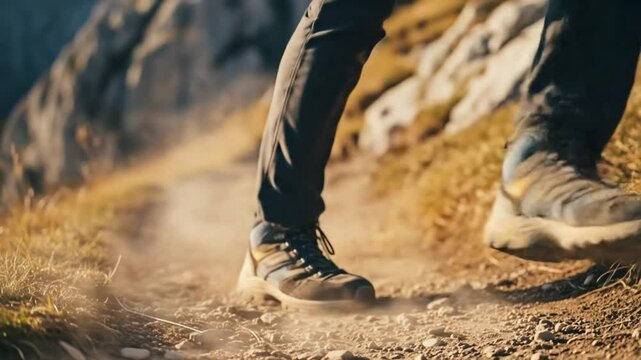 Dynamic closeup sequence of trail running shoes kicking gravel on a mountain path in warm natural